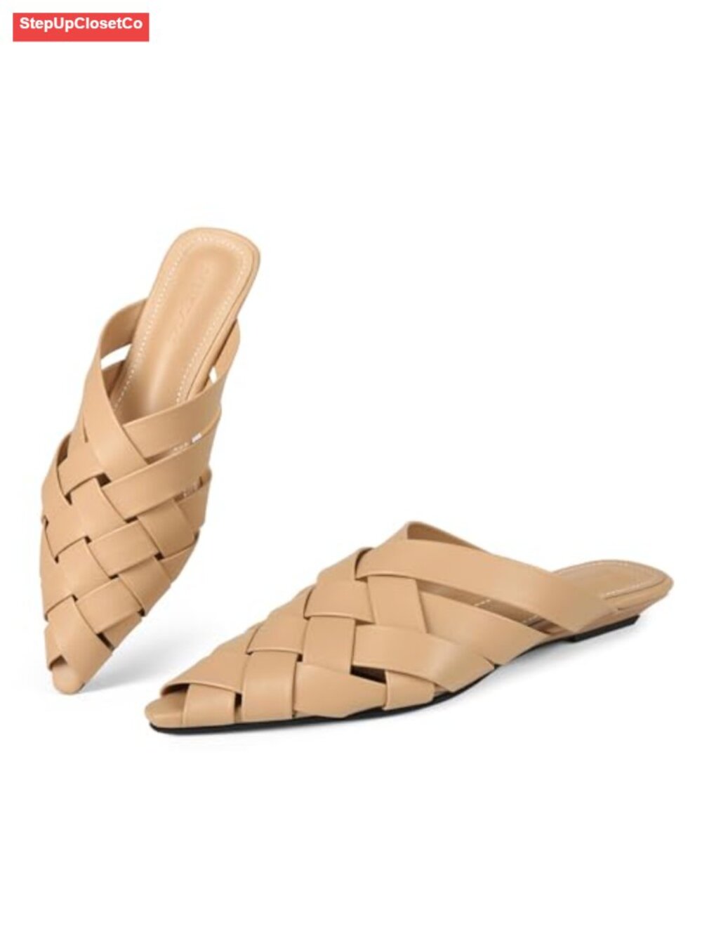 Womens Pointed Toe Mules Braided Slip On Flats Backless Loafers Faux Leather